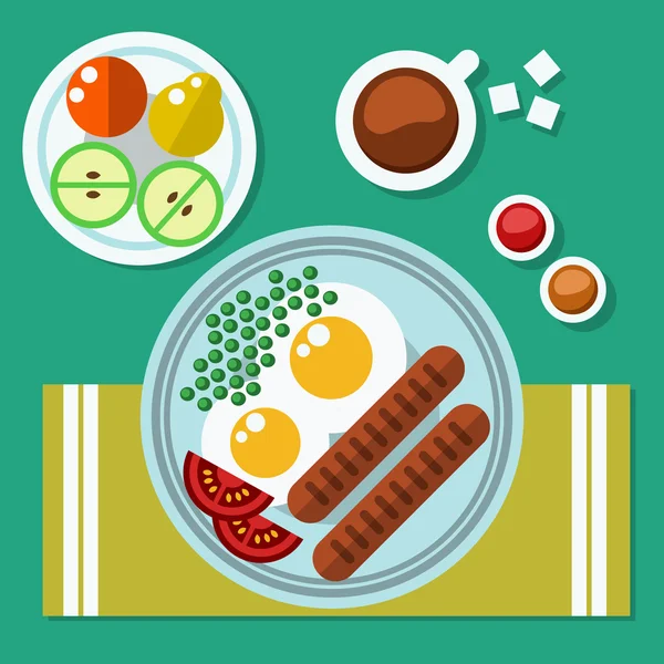 Desayuno de huevos revueltos, salchichas, guisantes y fruta. Café sahorom. Ilustración de vector de estilo plano — Vector de stock