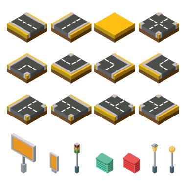 Düz 3d izometrik sokak oyun fayans simgeler Infographic kavram kümesi. Sonbahar şehir harita öğeleri