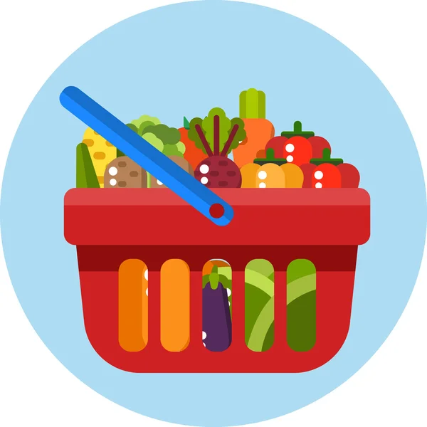 Cesto de compras vermelho com legumes. Cesto de compras com legumes. Ilustração de design plano vetorial —  Vetores de Stock