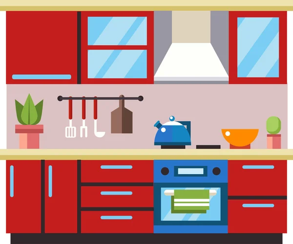 Красная кухня с мебелью. Векторная иллюстрация плоского стиля — стоковый вектор
