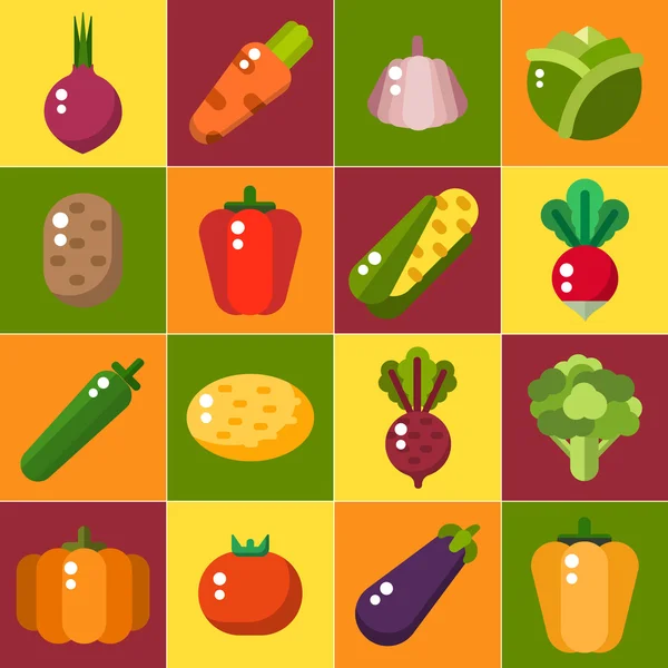 Ícones de vegetais definidos em estilo plano. Cartaz de comida. Infográfico de comida. Alimentos saudáveis —  Vetores de Stock