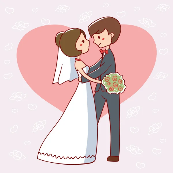 Cute bride and groom on a gentle pink background — Stock Vector