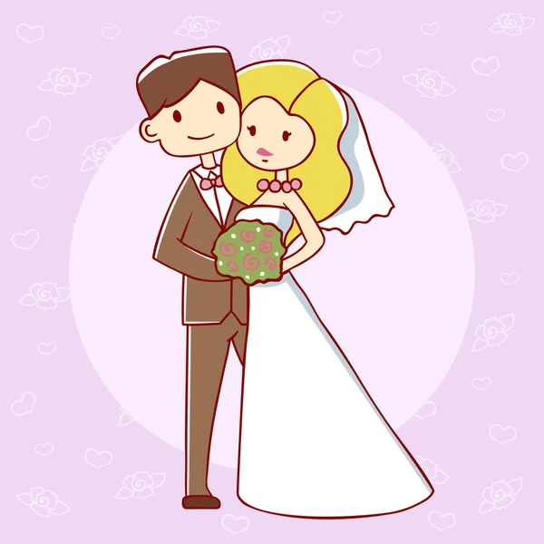 Linda novia y novio sobre un fondo púrpura tierno — Vector de stock