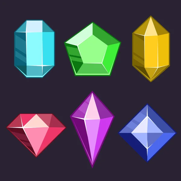 Iconos de gemas vectoriales de dibujos animados y diamantes engastados en diferentes colores con diferentes formas — Vector de stock