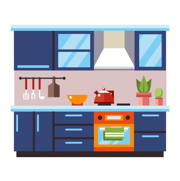 Cocina con muebles. Ilustración de vector de estilo plano — Vector de stock