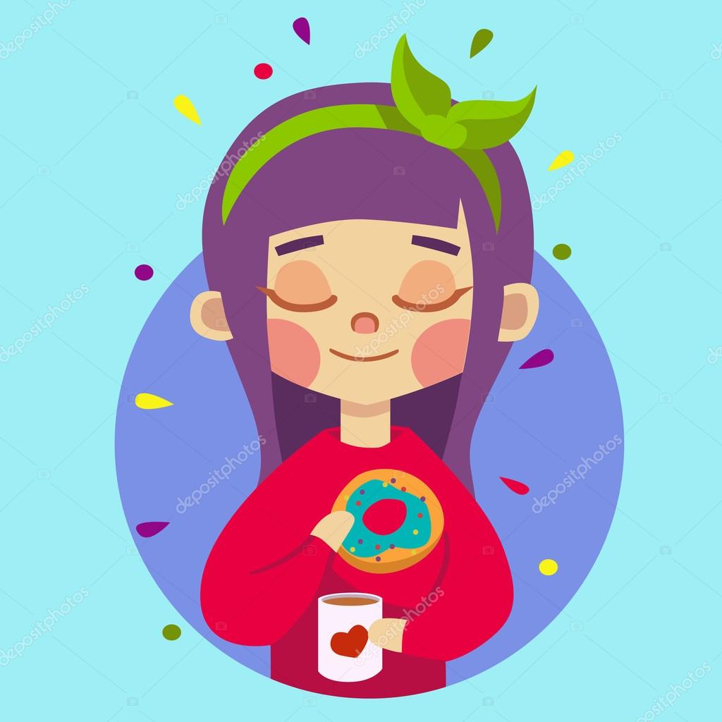 Girl With Purple Hair Drinking Tea With Donut Stock Vector