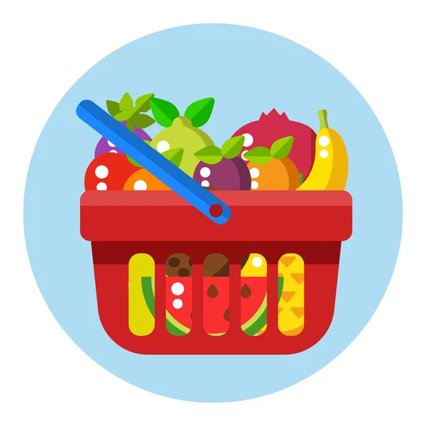 Red shopping basket with fruits. Shopping basket fruits. Vector flat design illustration — Stock Vector