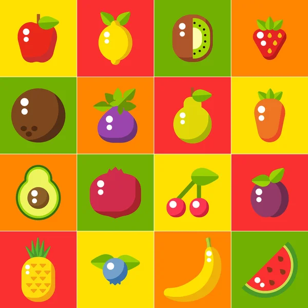 Ícones de frutas definido em estilo plano. Cartaz de comida. Infográfico de comida. Alimentos saudáveis —  Vetores de Stock