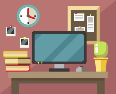 Düz stil öğeleri monitör, saatler, kitaplar, fare, fotoğraf, yazı tahtası, Resepsiyon, houseplant ile işyerinde. Office. Vektör çizim