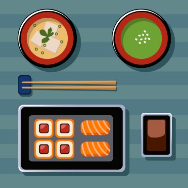 Gıda illüstrasyon. Japon yemekleri. Düz vektör çizimler