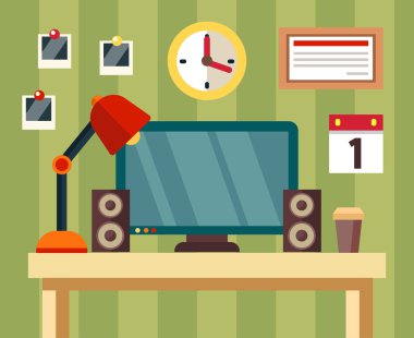 Düz stil öğeleri tablosuna, monitör, saat, fotoğraf, hoparlörler, kahve, takvim, lamba, sertifika ile işyerinde. Office. Vektör çizim