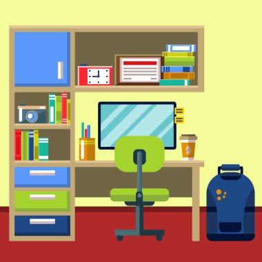 Teenager room interior with furniture icon set. Illustration of modern home office interior with designer desktop. Flat style vector illustration clipart