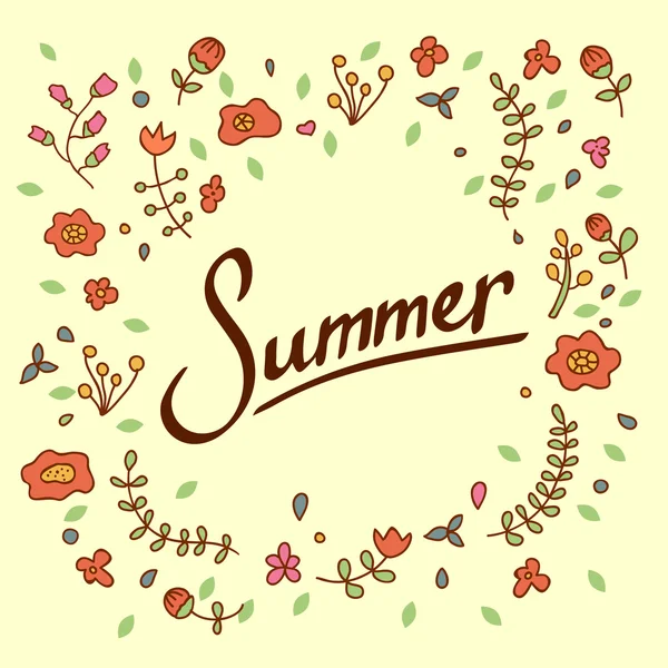 Yaz yazıt. Elle çizilmiş yazı poster. Vektör hat. Metnin arka planını çiçekler ve yapraklar üzerinde