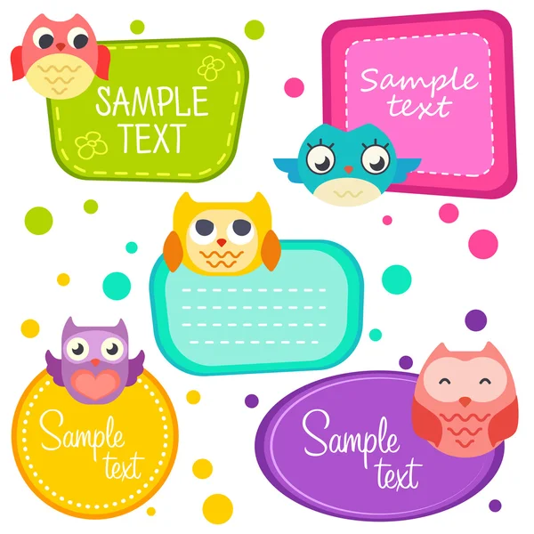 Illustration cute cartoon owls, set frame. Printable labels Set — Stock Vector