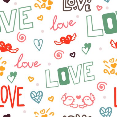 Vektör seamless modeli. Aşk, kalp, kuş ile romantik seamless modeli doodle. Arka plan seviyorum. Bir arka planda vektör öğelerinde seviyorum