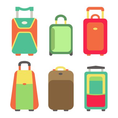 Altı bavul seyahat için vektör Illustration. Renkli seyahat çanta Icon set. Çeşitli renklerde çanta seyahat. Vektör tasarımlarınız için ayarla