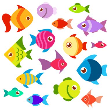 Bir dizi renkli akvaryum balık. Balık stil vektör çizim düz. Beyaz arka plan üzerinde izole balık simgeler