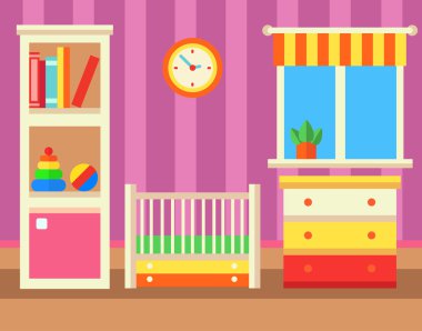 Bebek odası mobilya ile. Düz stil vektör çizim