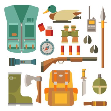 Avcılar ve turistler topluluğu. Düz modern tasarım vektör simgeler kümesi beyaz arka plan üzerinde izole. Icon collection şık renklerde