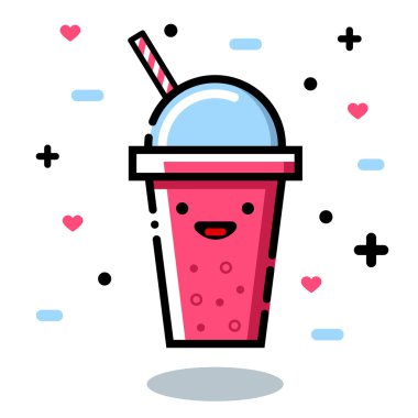 Sevimli çizgi meyve smoothies bardak. Doğal biyo içki, sağlıklı organik gıda. Kutsal kişilerin resmi, vektör çizim