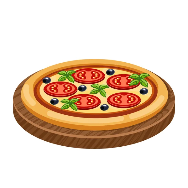 Pizza dessin animé sur un plateau en bois. Illustration vectorielle de dessin animé de l'objet italien Pizza Food. Pizza aux tomates, fromage, herbes et olives — Image vectorielle