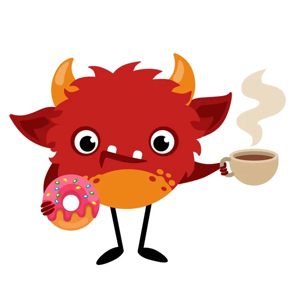 Monstruo de dibujos animados lindo con una taza de café caliente y donut. Ilustración vectorial — Archivo Imágenes Vectoriales