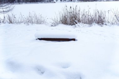 Banklar ve sazlıklar karla kaplı..