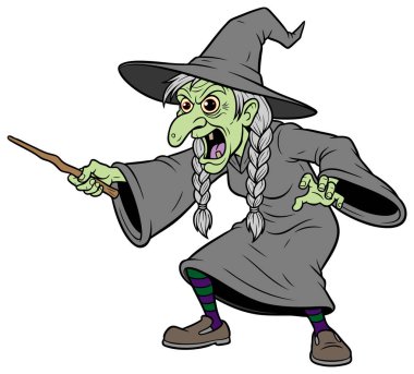 Dal değnekli bir cadı çizimi..