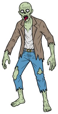 Yeşil derili ve yırtık elbiseli bir zombi çizgi filmi..