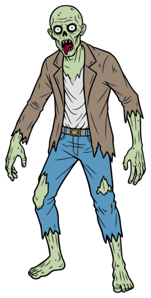 Yeşil derili ve yırtık elbiseli bir zombi çizgi filmi..