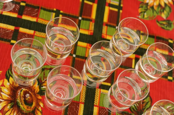 votka damalı masa örtüsü üzerinde plastik şarap gözlük