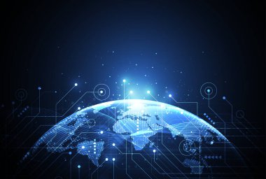 Teknoloji arka planında soyut küresel ağ bağlantısı. Küresel iş dünyasının dünya haritası ve çizgi kompozisyon kavramı