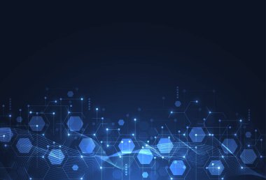 Teknoloji arka planı ve bilim tarzında geometrik soyut teknoloji altıgen moleküler yapılar. Tıbbi tasarım. Vektör illüstrasyonu