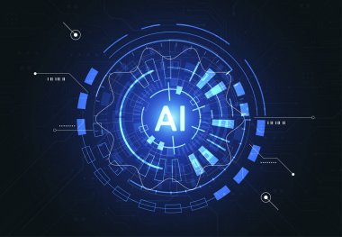 Ağ, pankart, kapak, fütüristik konsept teknoloji sanatında nokta daire devre kartında soyut yapay zeka yonga dizaynı. Vektör illüstrasyonu