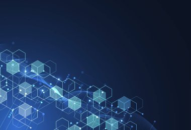 Teknoloji arka planı ve bilim tarzında geometrik soyut teknoloji altıgen moleküler yapılar. Tıbbi tasarım. Vektör illüstrasyonu