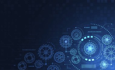 Soyut teknoloji dişlileri ve dişli tekerlek mekanizması arka plan tasarımı. Makine mühendisliği tasarımı. Vektör illüstrasyonu