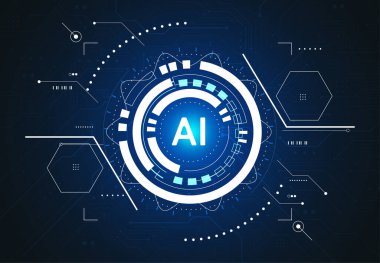 Ağ, pankart, kapak, fütüristik konsept teknoloji sanatında nokta daire devre kartında soyut yapay zeka yonga dizaynı. Vektör illüstrasyonu