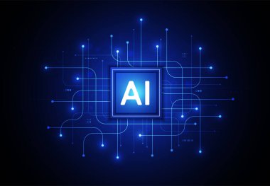 Büyük veriler ve makine öğrenimi. Yapay zeka yongası fütüristik konseptte devre kartında. İnternet, afiş, kart ve kapak için teknolojik çizimler. Vektör illüstrasyonu