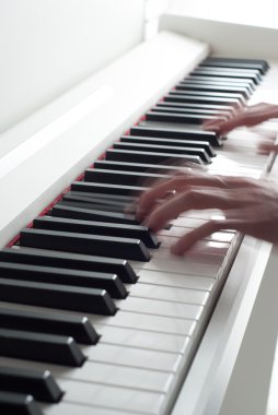 Piyano çalan adam. Piyano tuşları. Piyano. Siyah ve beyaz tuşlar. Elektronik piyano. Müzik aleti.