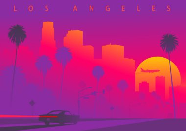 Güneş batarken Los Angeles 'ın şehir manzarası. Bir araba Los Angeles şehir merkezine doğru gidiyor. Renkli vektör çizimi (orijinal, türetilmiş resim değil)