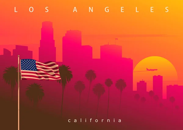 Los Angeles Avond Skyline Californië Verenigde Staten Schilderachtige Zonsondergang Stad — Stockvector
