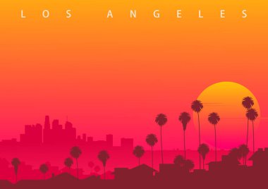 Los Angeles silueti, CA, ABD. Los Angeles şehir merkezinde günbatımını simgeleyen bir resim. (orijinal olmayan resim)