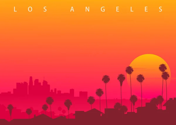 Skyline Los Ángeles Ilustración Simbólica Con Puesta Sol Sobre Centro — Vector de stock