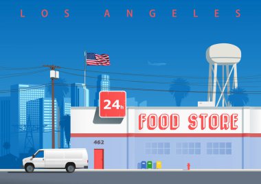Los Angeles mahallesinde bir sokak. Bir gıda mağazası binası, bir su kulesi, şehir silueti, elektrik direği ve caddeye park etmiş bir kargo arabası ile sembolik illüstrasyon (görüntüden türetilmemiş)) 