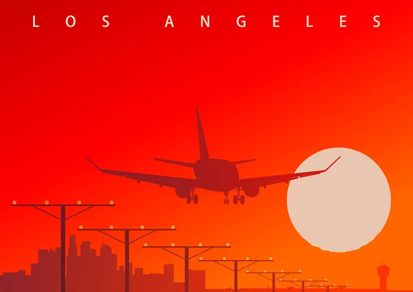 Avião Comercial Aterrar Aeroporto Los Angeles Durante Pôr Sol Ilustração —  Vetores de Stock