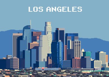 Los Angeles silueti. Piksel resim çizimi, retro biçim renkleri.
