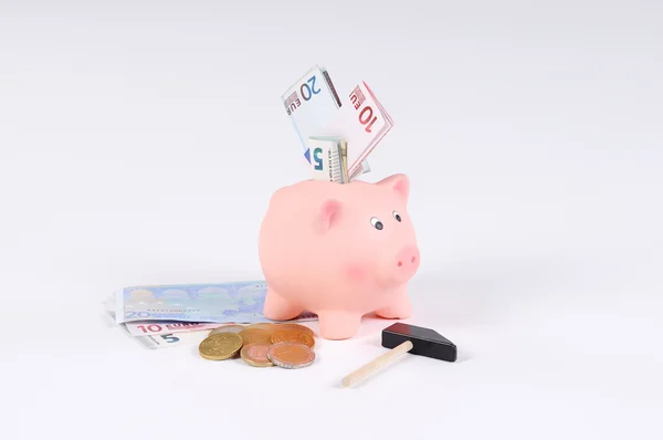 pembe kumbara çekiç Euro faturaları ve Euro para ile