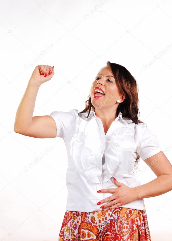 woman to cheer with uplifted arm