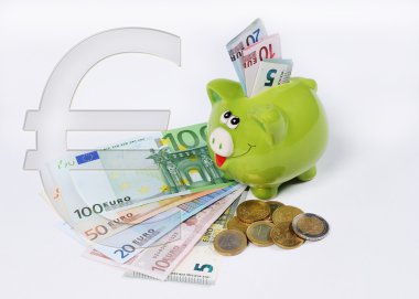 euro simgesini ve euro para ve bill ile Piggy banka