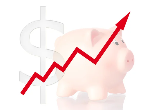 Diagrama para cima símbolo de dólar de cor vermelha e banco porquinho — Fotografia de Stock